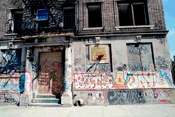 Some classic graffiti on Kosciuszko Street in Brooklyn in 1997. JB1 RIA, BUTA RIA, JONER DAT FUCK, KEZ5 YKK and others.